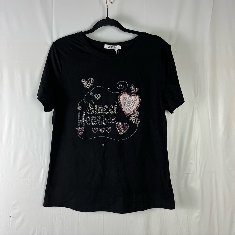 Women's Rhinestone Fitted short sleeve stretch black blouse size large - Picture 9 of 11